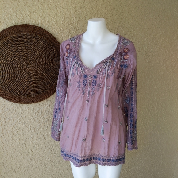 Johnny Was Tops - Johnny ways violet silk long sleeve embroidered